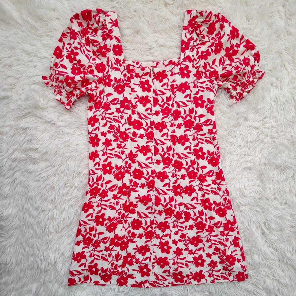 Draper James RSVP Pink Floral Puff Sleeve Linen Blend Mini Dress Square Neck Sm - Picture 6 of 10